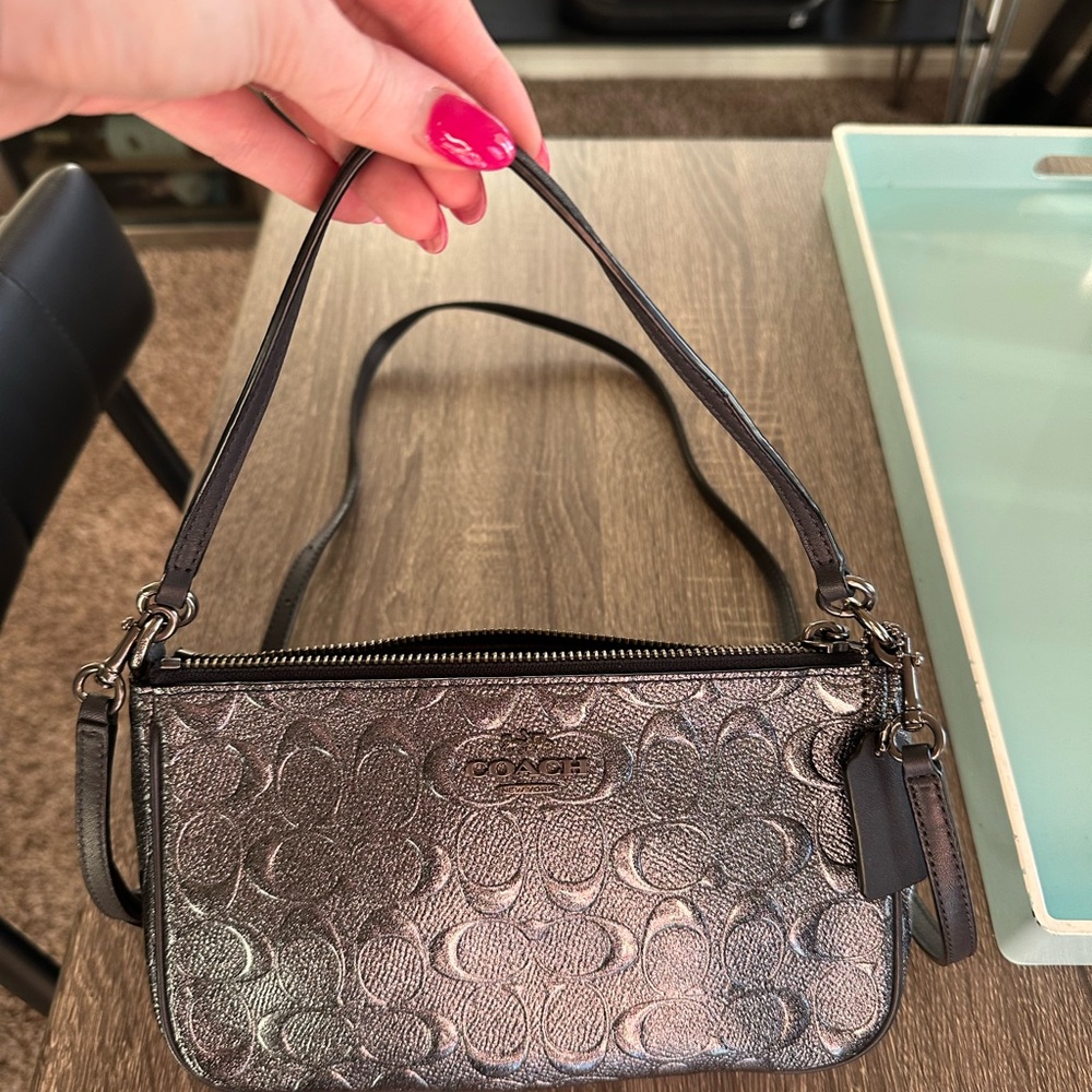 Coach Patent Debossed Signature  Charcoal Crossbody Bag